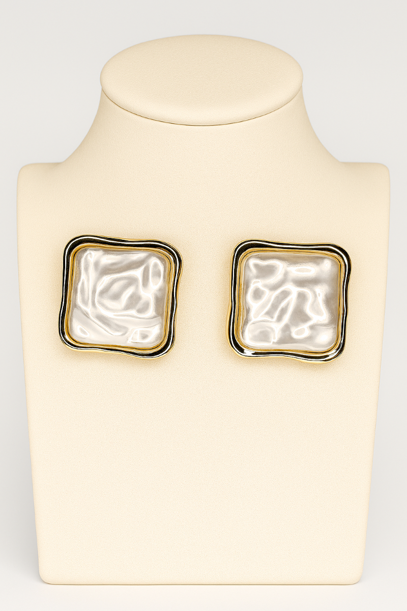 Abstract Square Pearl Stud Earrings – Gold-Trimmed