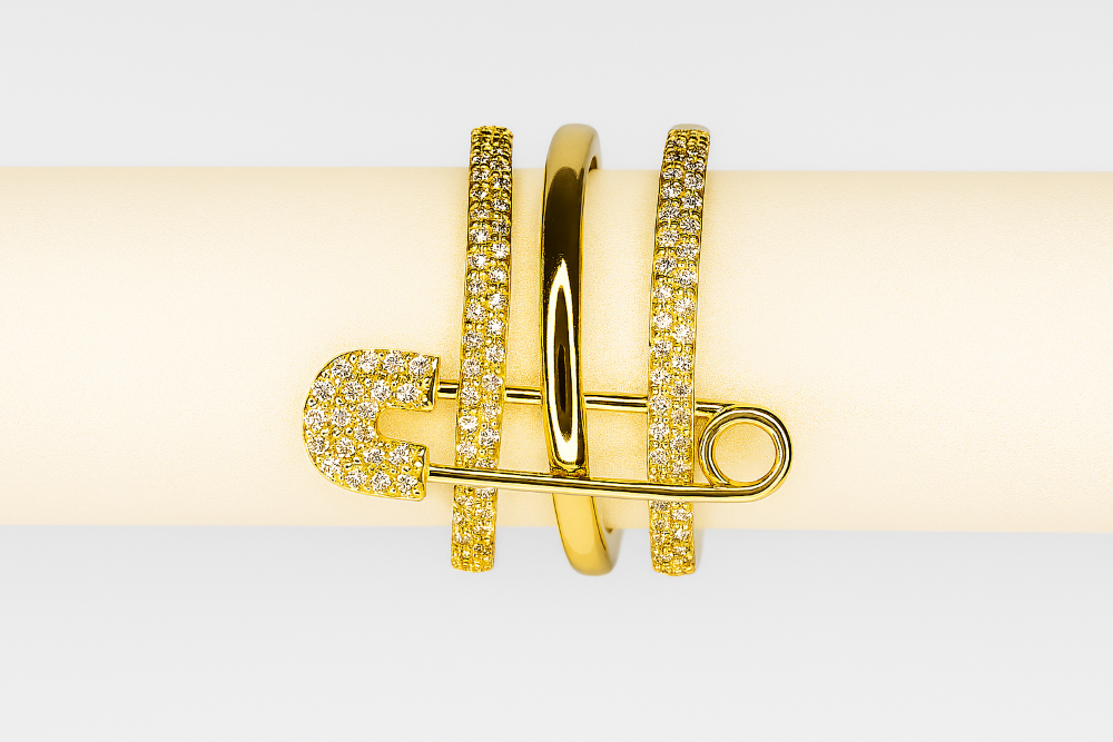 Bold Pavé Safety Pin Ring Stack – Gold Finish
