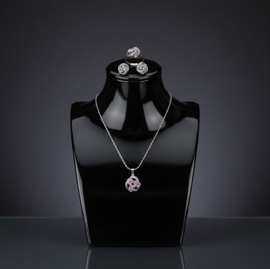 Brass Cubic Zirconia Luxury Flower Earring And Necklace Set(Pink)