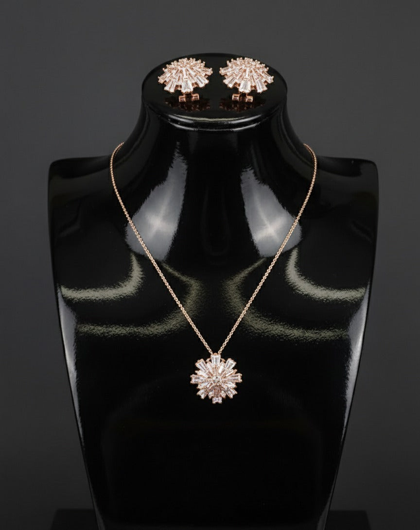 Brass Cubic Zirconia Luxury Flower Earring And Necklace Set
