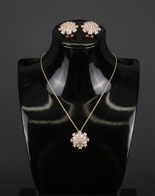 Brass Cubic Zirconia Luxury Flower Earring And Necklace Set