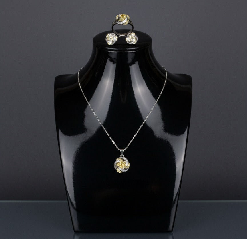 Brass Cubic Zirconia Luxury Flower Earring And Necklace Set(Yellow)