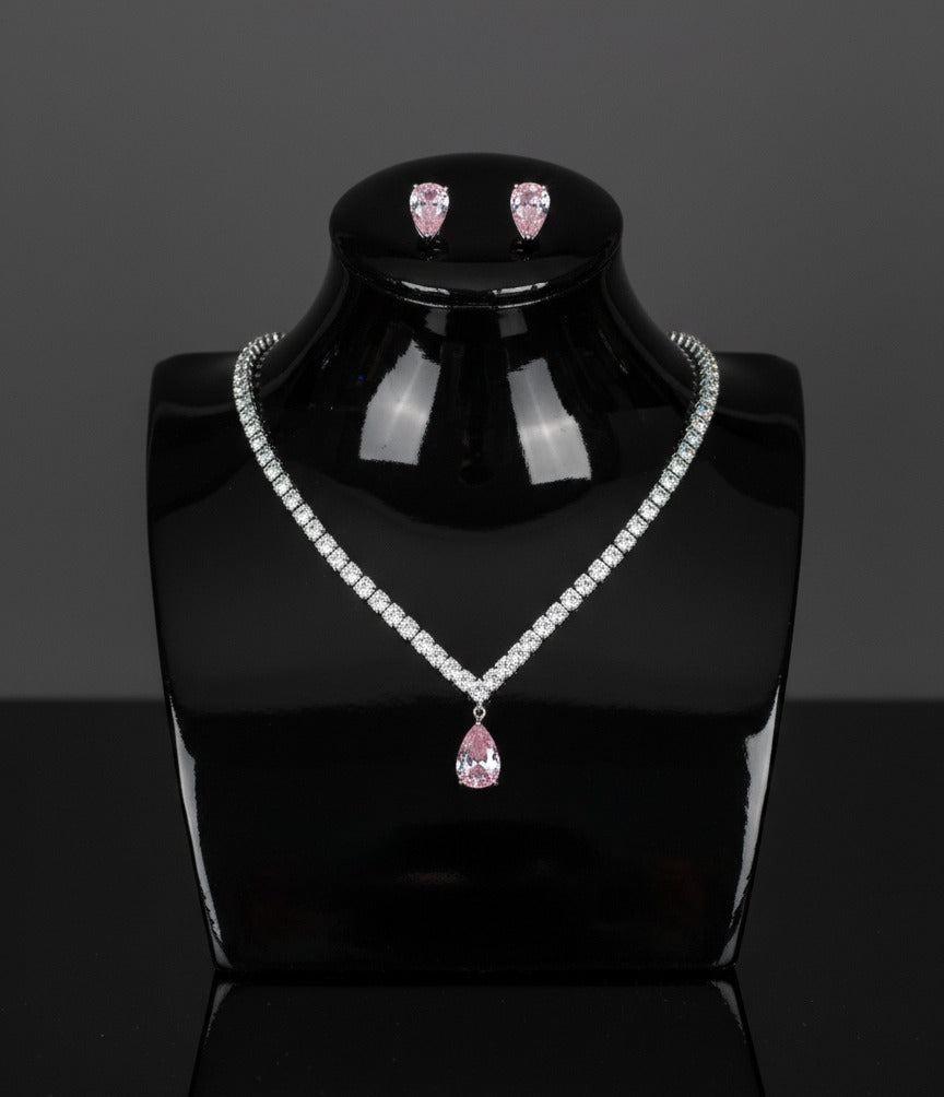 Brass Cubic Zirconia Water Drop Earring And Necklace Set