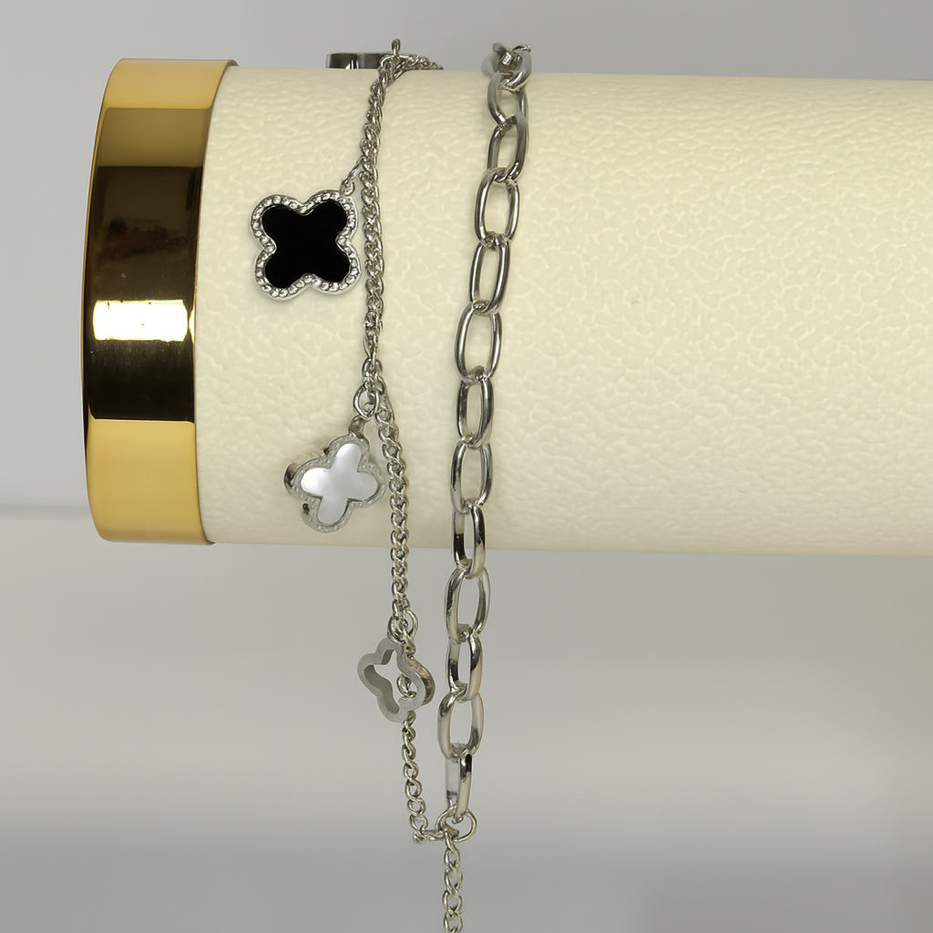 Chic Clover Charm Bracelet Duo – Silver with Black & White Accents