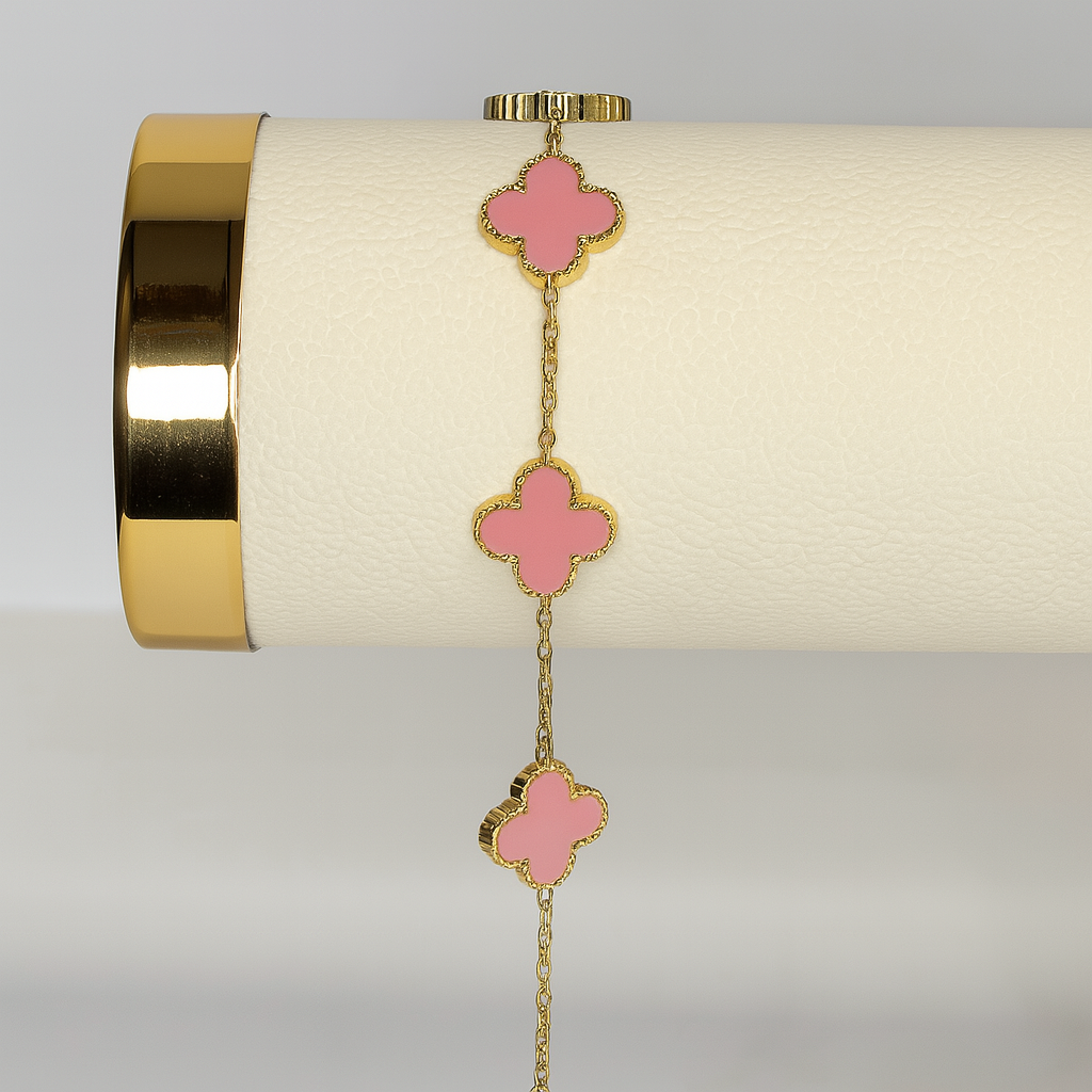Gold Clover Bracelet with Pink Enamel – Feminine Charm