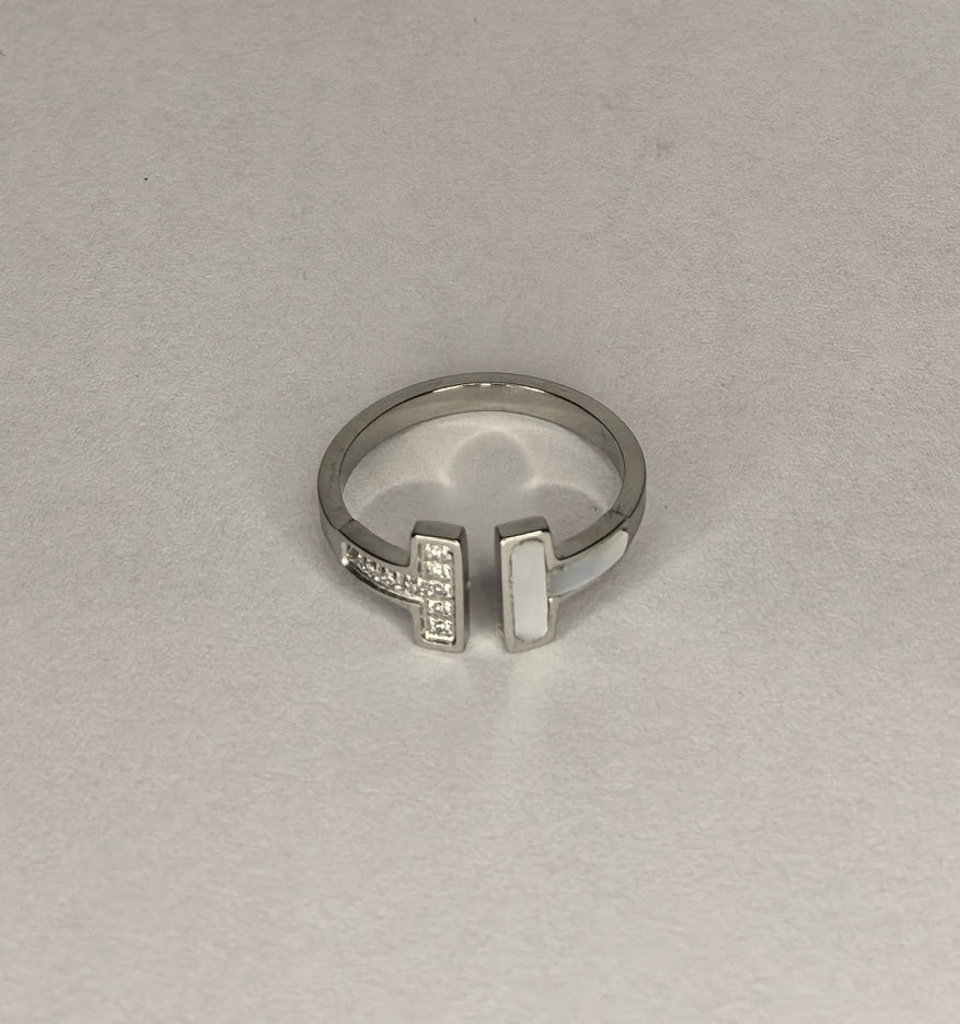 Modern Open Band Ring – Silver with White Enamel and Pavé Detailing