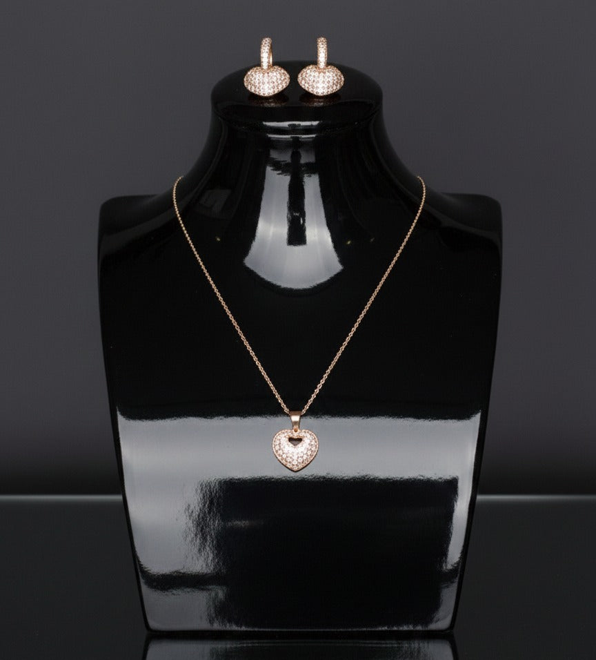 Luxury Shine High-Quality Zircon Heart Love Necklace Earrings 2 Piece Jewelry Set