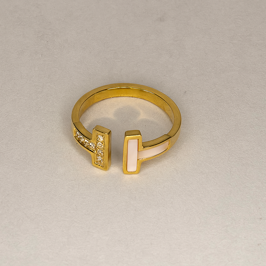 Modern Open Band Ring – Gold with White Enamel and Pavé Detailing
