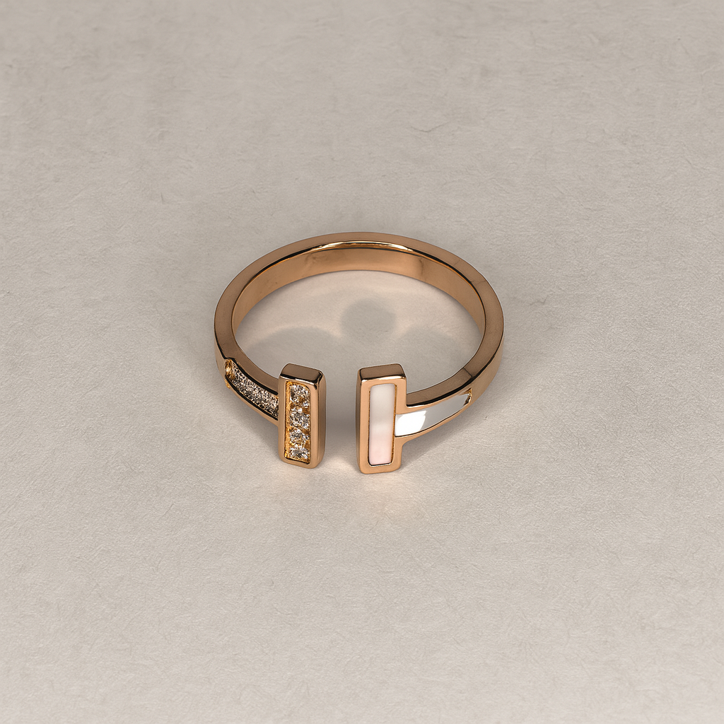 Modern Open Band Ring – Rose Gold with White Enamel and Pavé Detailing
