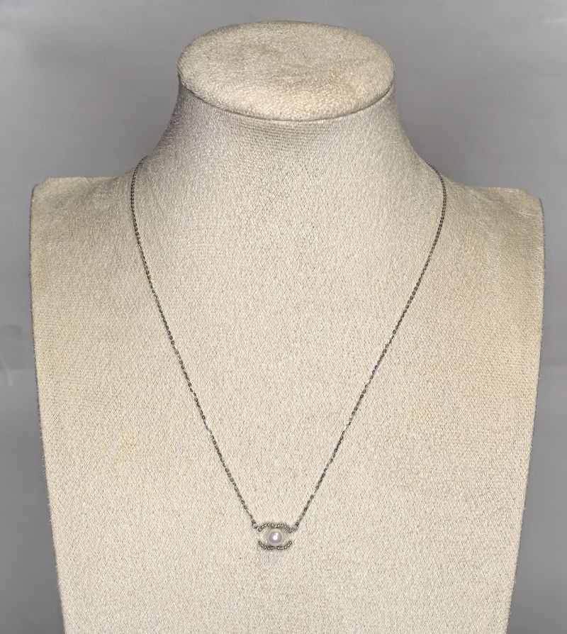 Silver Chain Necklace with Pearl Evil Eye Pendant