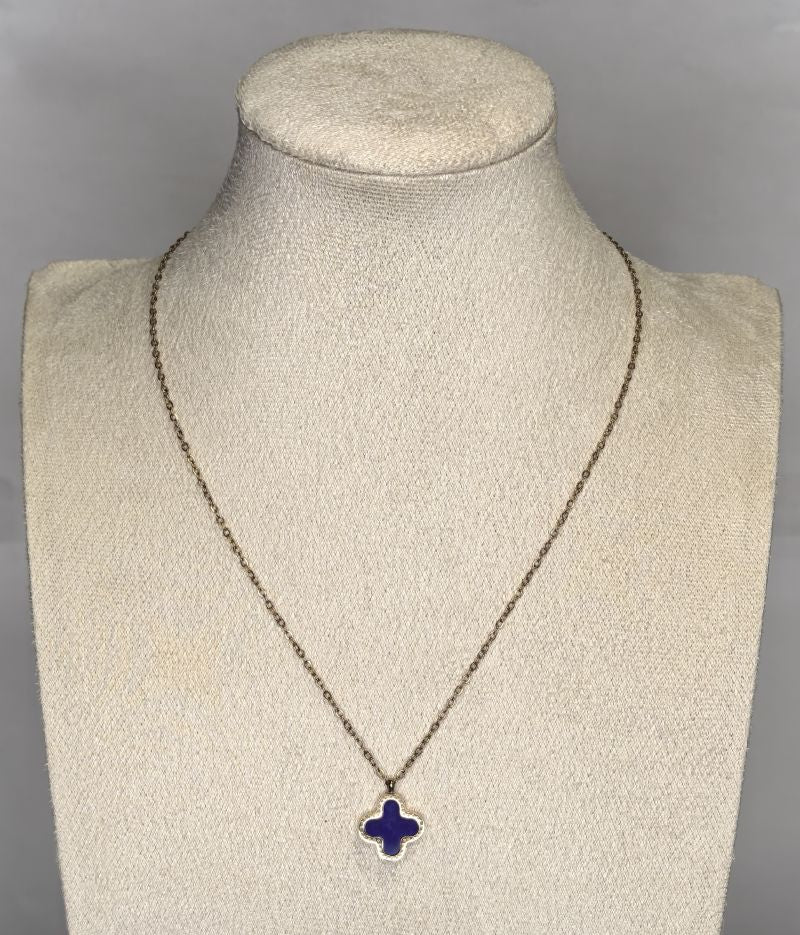 Two-Toned Deep Blue and Black Clover Pendant Necklace