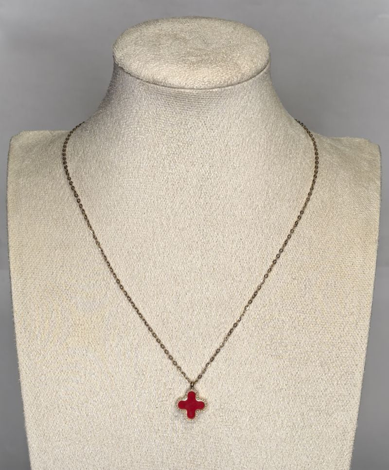 Two-Toned Red and Black Clover Pendant Necklace