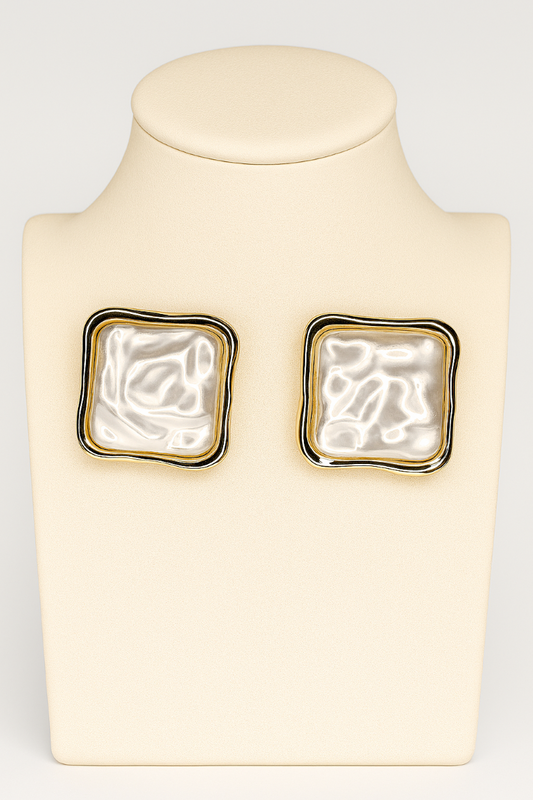Abstract Square Pearl Stud Earrings – Gold-Trimmed