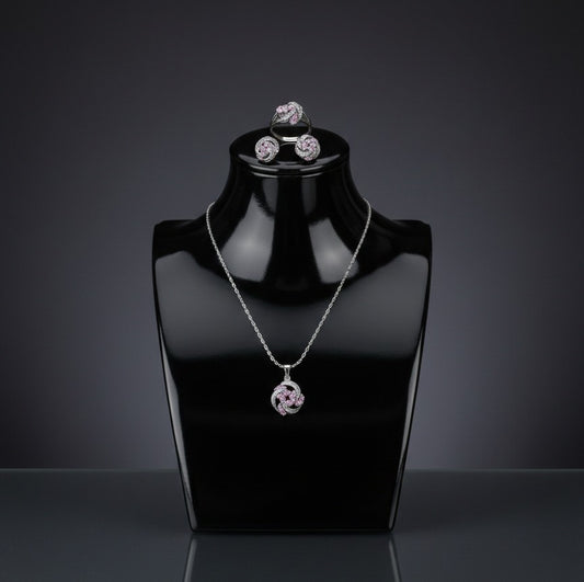 Brass Cubic Zirconia Luxury Flower Earring And Necklace Set(Pink)