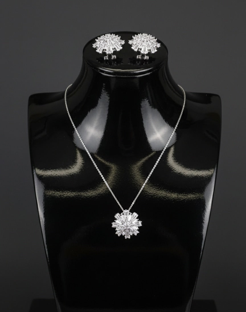 Brass Cubic Zirconia Luxury Flower Earring And Necklace Set