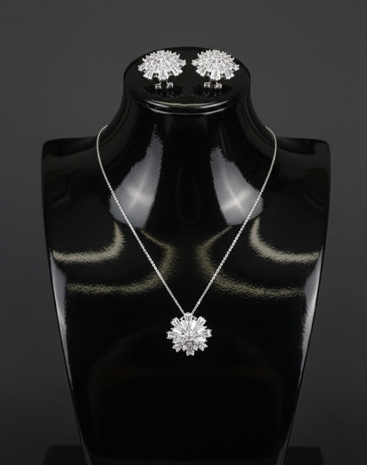 Brass Cubic Zirconia Luxury Flower Earring And Necklace Set
