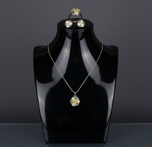 Brass Cubic Zirconia Luxury Flower Earring And Necklace Set(Yellow)