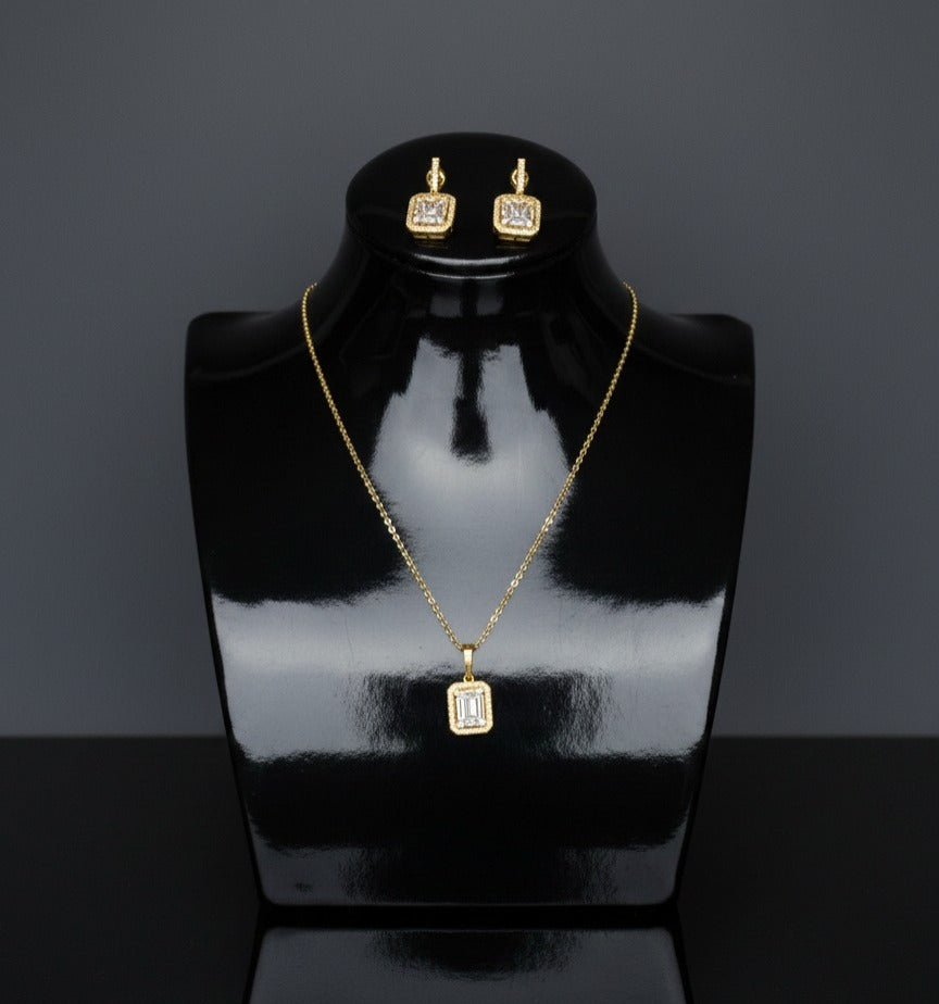Brass Cubic Zirconia Luxury Geometric Earring And Necklace Set