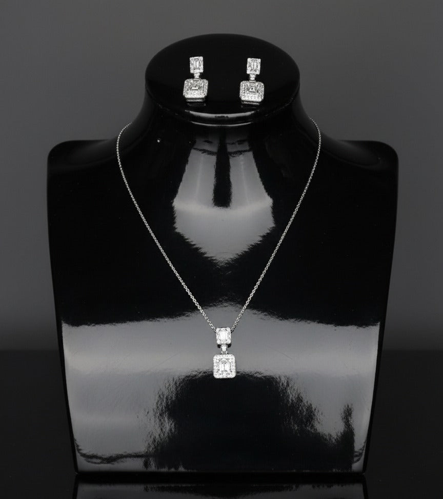 Brass Cubic Zirconia Luxury Geometric Earring And Necklace Set(Platinum)