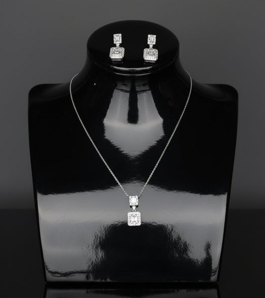 Brass Cubic Zirconia Luxury Geometric Earring And Necklace Set(Platinum)
