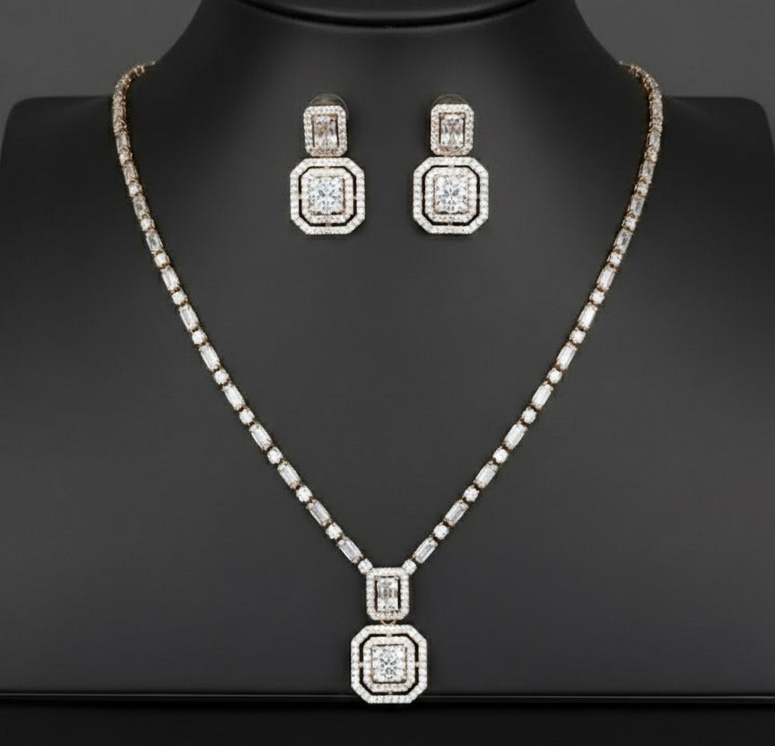 Brass Cubic Zirconia Luxury Geometric Earring And Necklace Set