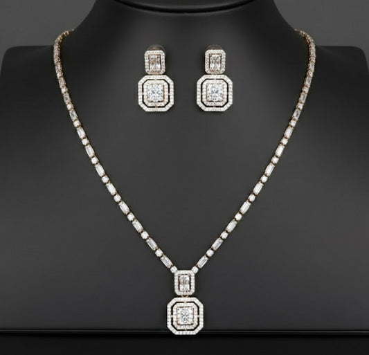 Brass Cubic Zirconia Luxury Geometric Earring And Necklace Set