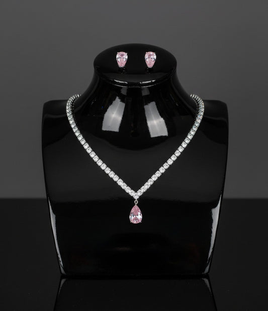 Brass Cubic Zirconia Water Drop Earring And Necklace Set