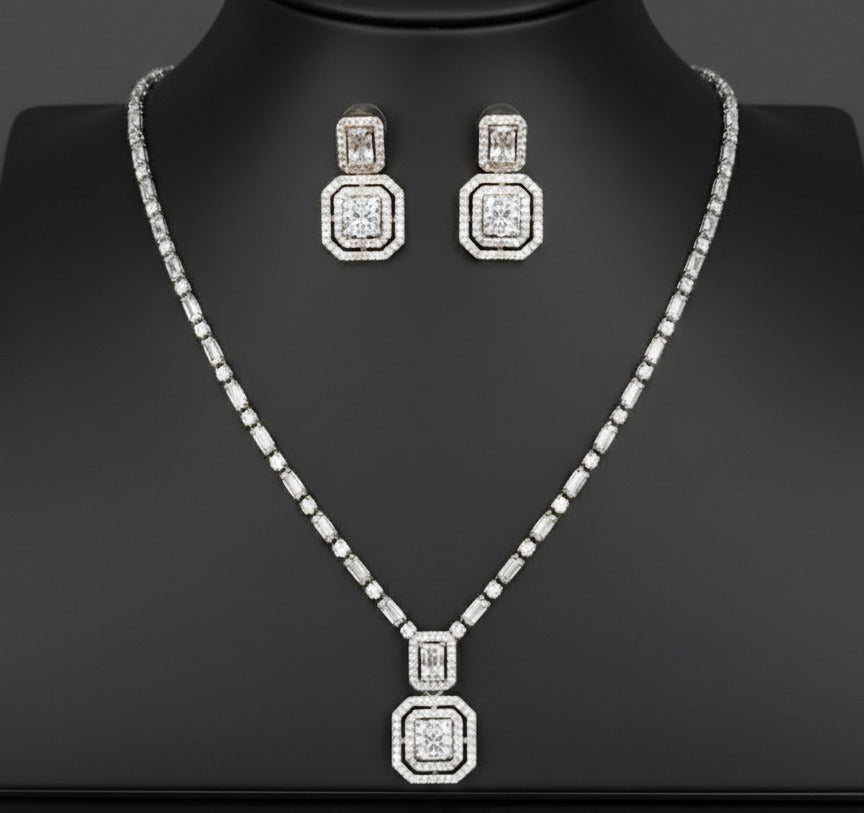 Brass Cubic Zirconia Luxury Geometric Earring And Necklace Set