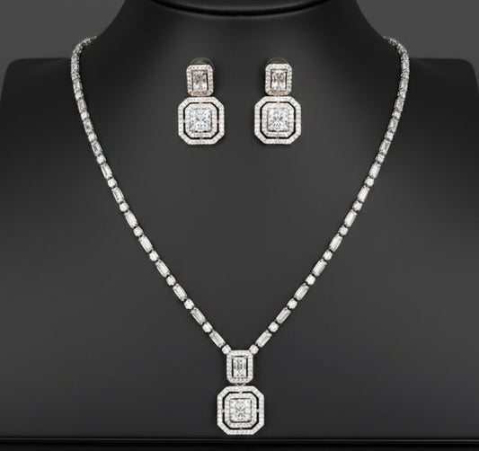 Brass Cubic Zirconia Luxury Geometric Earring And Necklace Set