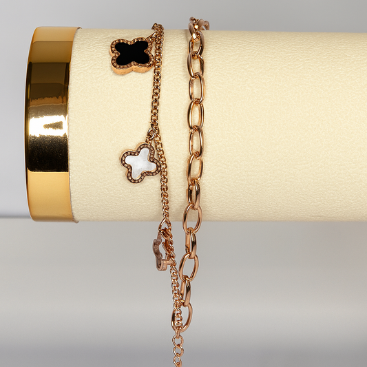 Chic Clover Bracelet Duo – Rose Gold with Black & White Enamel Charms
