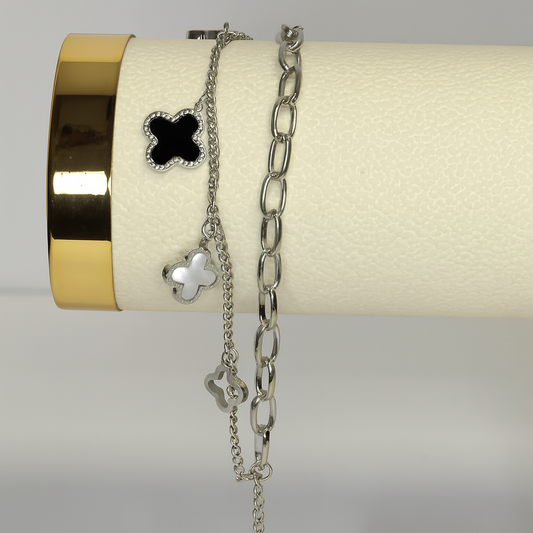 Chic Clover Charm Bracelet Duo – Silver with Black & White Accents