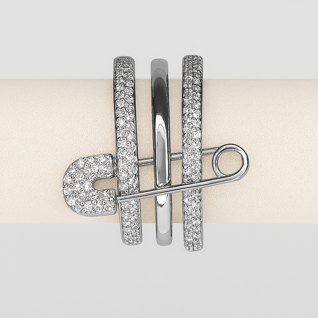 Edgy Pavé Safety Pin Ring Stack – Silver Finish