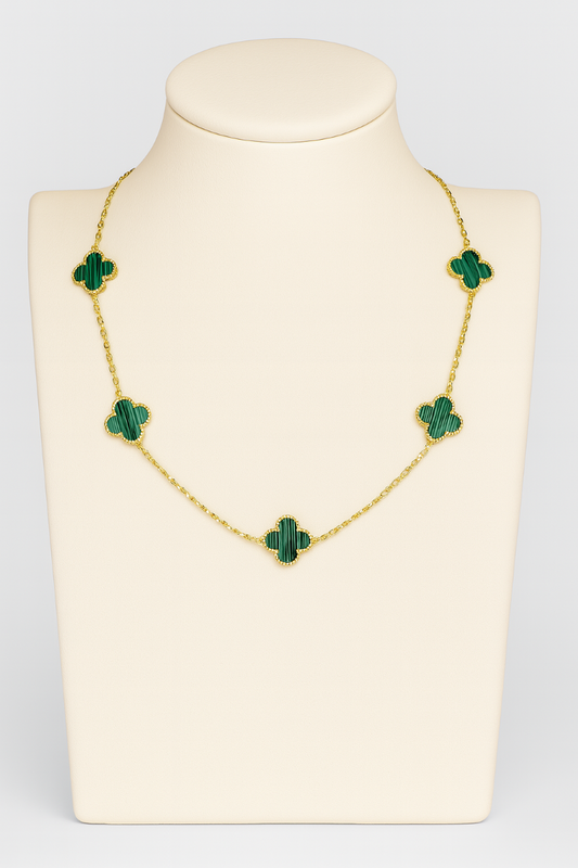 Elegant Clover Motif Necklace – Gold with Green Malachite Effect