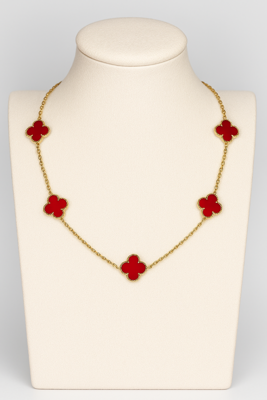 Elegant Clover Motif Necklace – Gold with Red Enamel