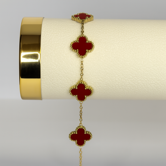 Gold Clover Bracelet with Deep Red Enamel – Classic Elegance