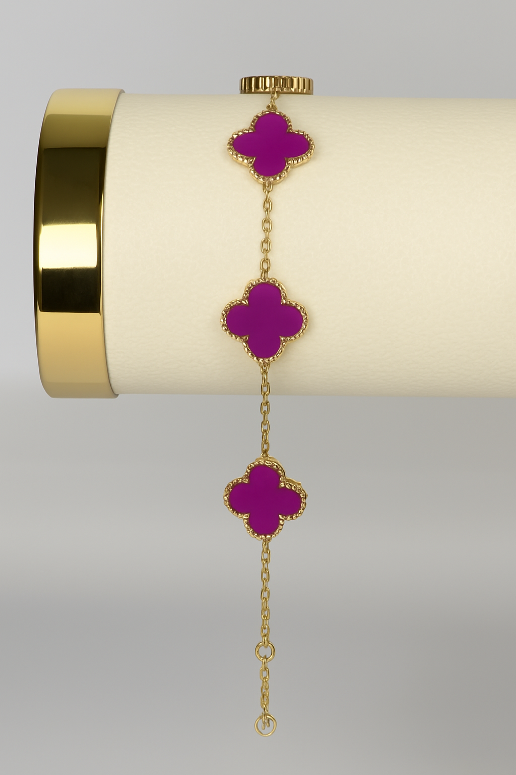 Gold Clover Bracelet with Fuchsia Enamel – Bold & Feminine