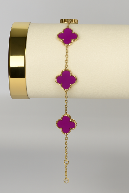 Gold Clover Bracelet with Fuchsia Enamel – Bold & Feminine