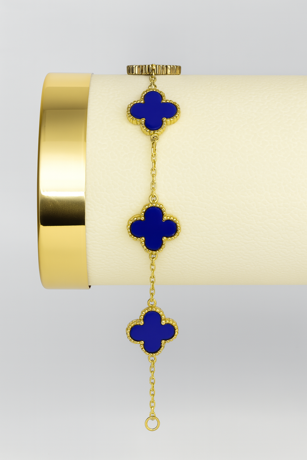Gold Clover Bracelet with Royal Blue Enamel – Elegant Majesty