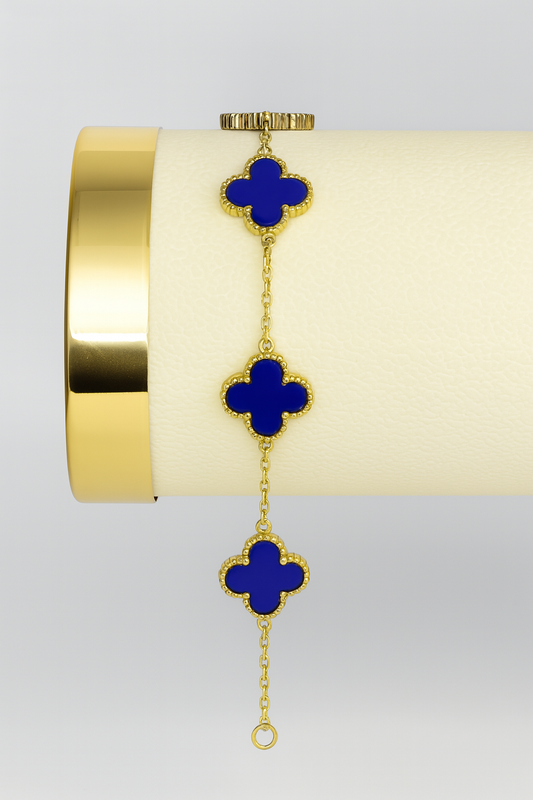 Gold Clover Bracelet with Royal Blue Enamel – Elegant Majesty