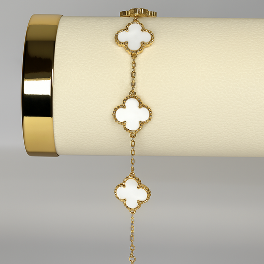 Gold Clover Bracelet with White Enamel – Timeless Elegance
