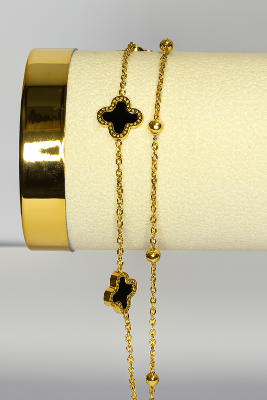 Gold Clover Chain Bracelet with Black Enamel Accents