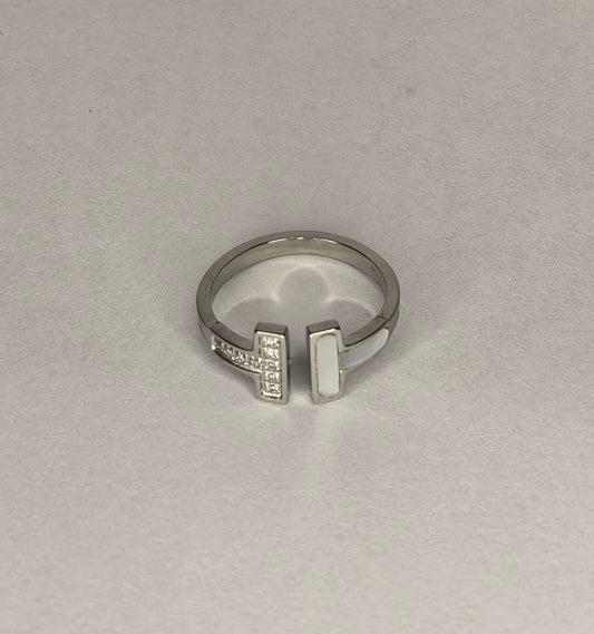 Modern Open Band Ring – Silver with White Enamel and Pavé Detailing