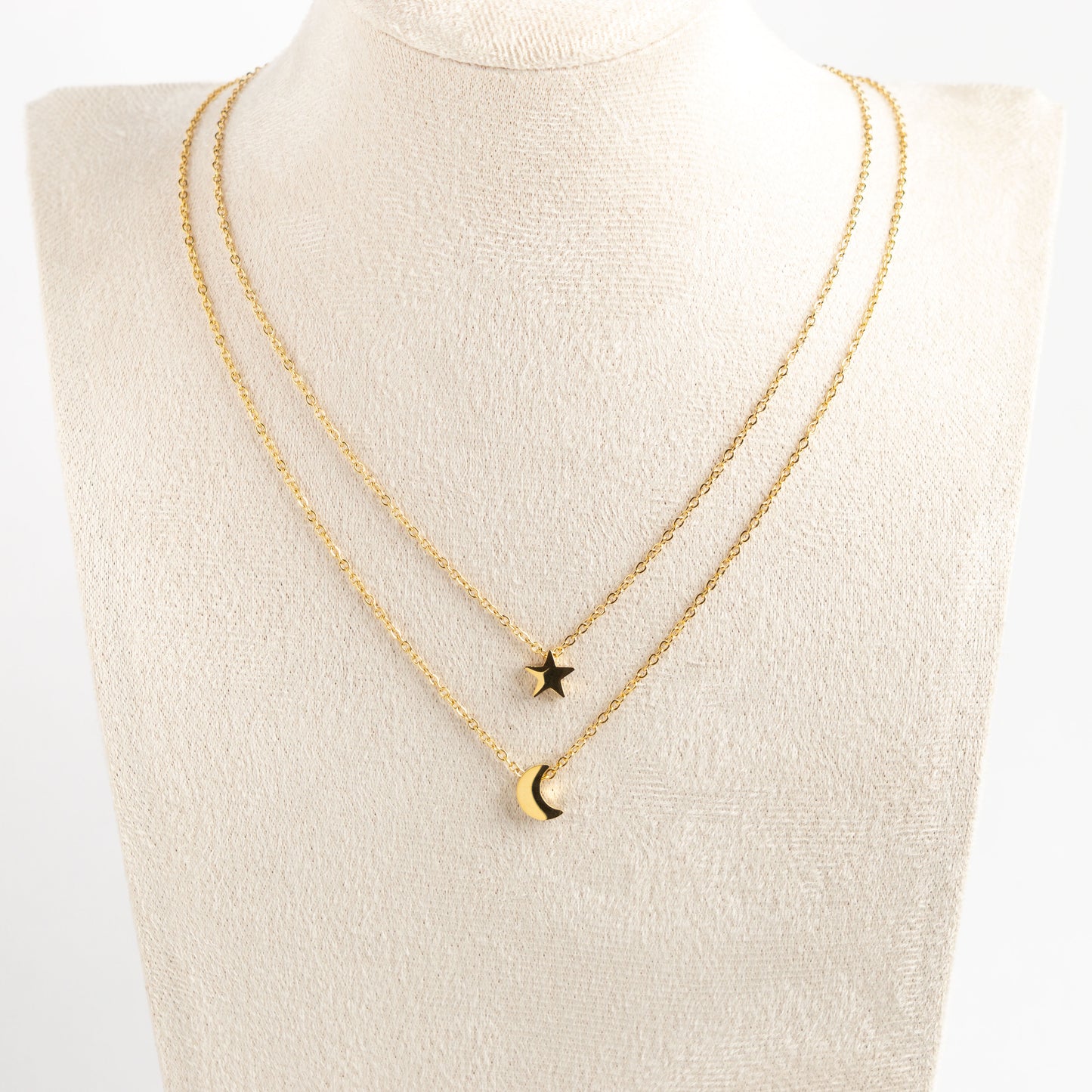 Minimalist multi strand necklace with star and moon pendant