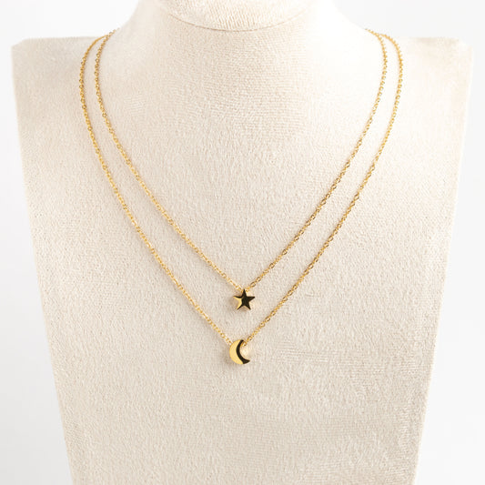 Minimalist multi strand necklace with star and moon pendant