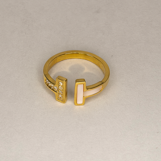 Modern Open Band Ring – Gold with White Enamel and Pavé Detailing