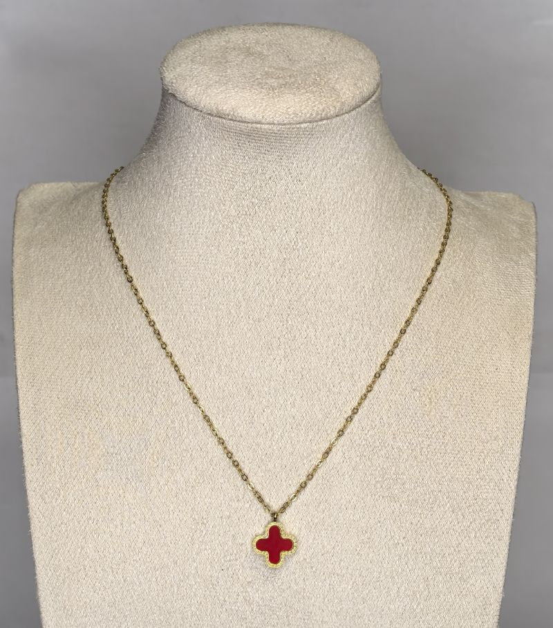 Two-Toned Red and Black Clover Pendant Necklace