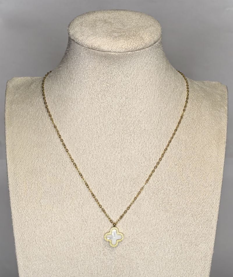 Two-Toned White and Black Clover Pendant Necklace